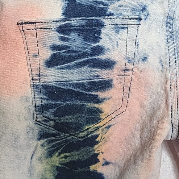 Demolition Acid Wash Tie Dye Pink Blue Yellow Stretch Cotton Denim Shorts Sz 10 - Picture 13 of 16